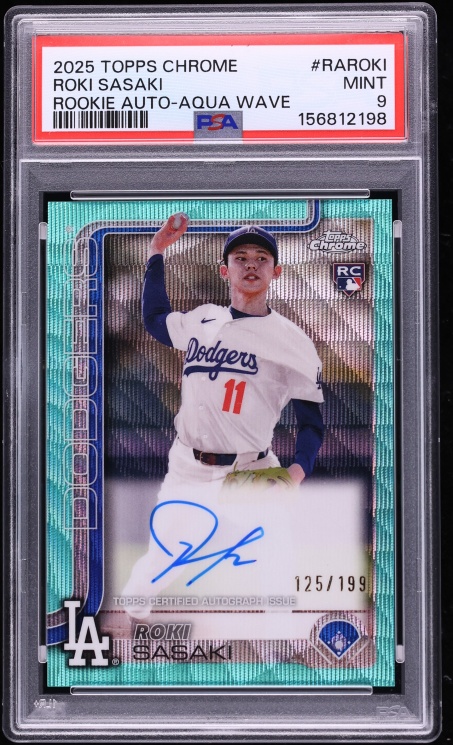 2025 Topps Chrome Aqua Wave Refractor Roki Sasaki ROOKIE AUTO /199 #RA-ROKI PSA 9 MINT