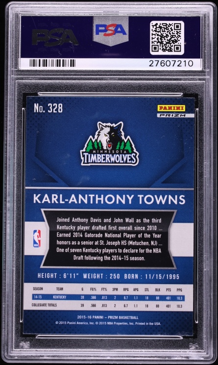 2015 Panini Prizm Silver Karl-Anthony Towns ROOKIE #328 PSA 10 GEM MINT