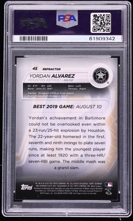 2020 Bowman's Best Refractor Yordan Alvarez ROOKIE #45 PSA 10 GEM MINT