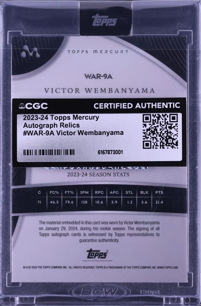 2023 Topps Mercury Victor Wembanyama ROOKIE PATCH AUTO /99 #WAR-9A CGC AUTH