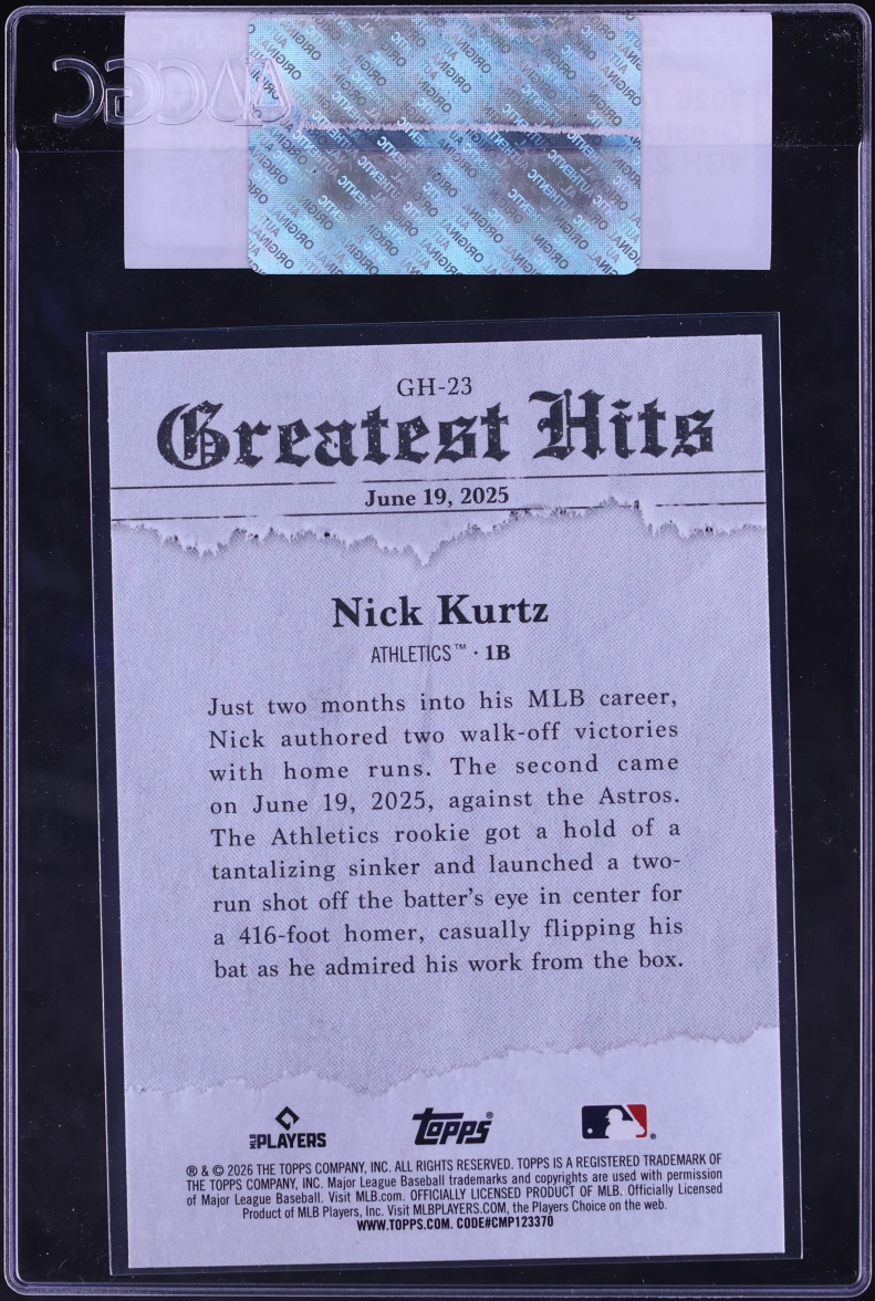 2026 Topps Greatest Hits Nick Kurtz #GH-23 CGC AUTH