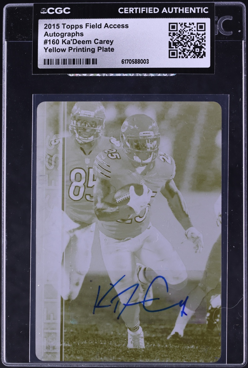 2015 Topps Field Access Yellow Printing Plate Ka'Deem Carey AUTO 1/1 #160 CGC AUTH