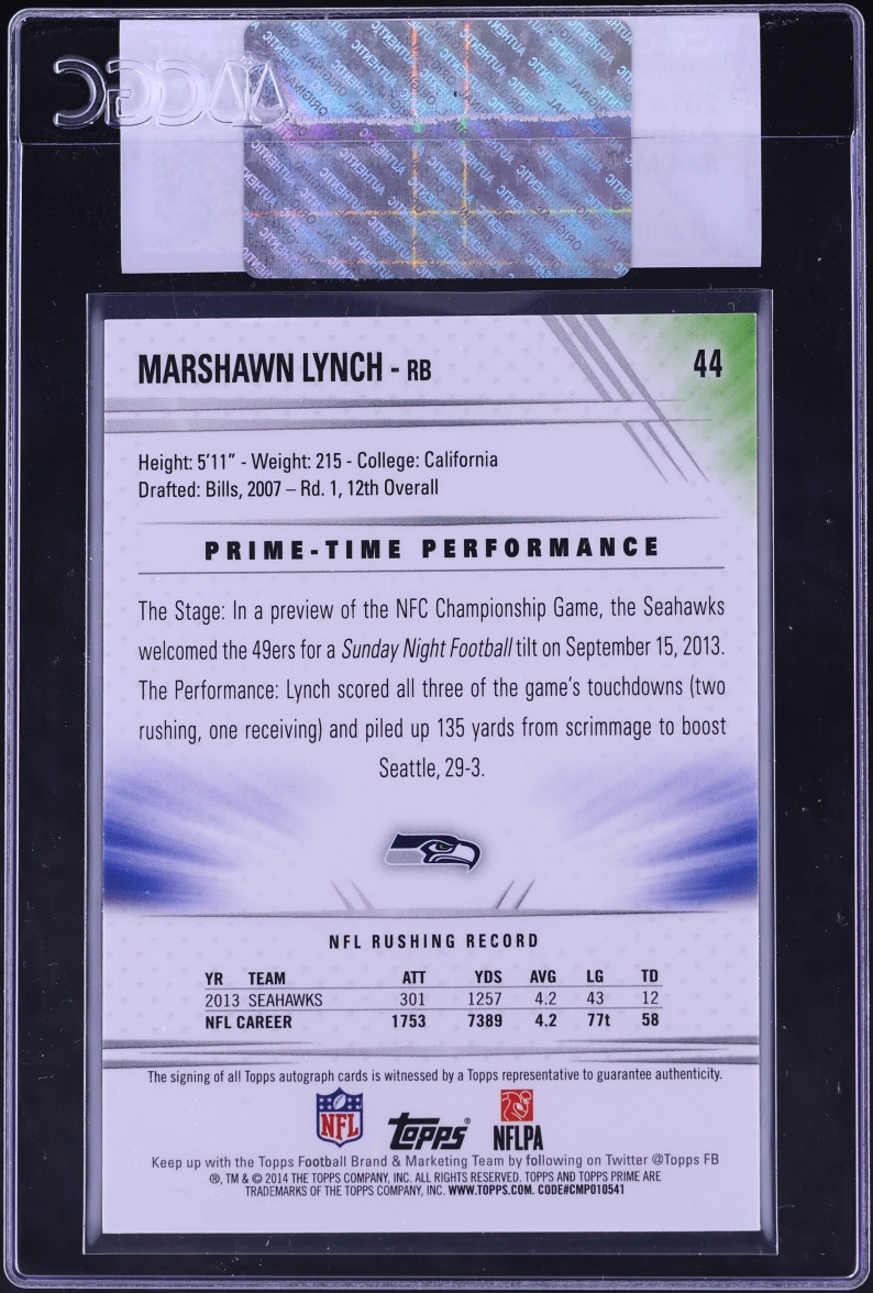 2014 Topps Prime Veterans Marshawn Lynch AUTO #44 CGC AUTH