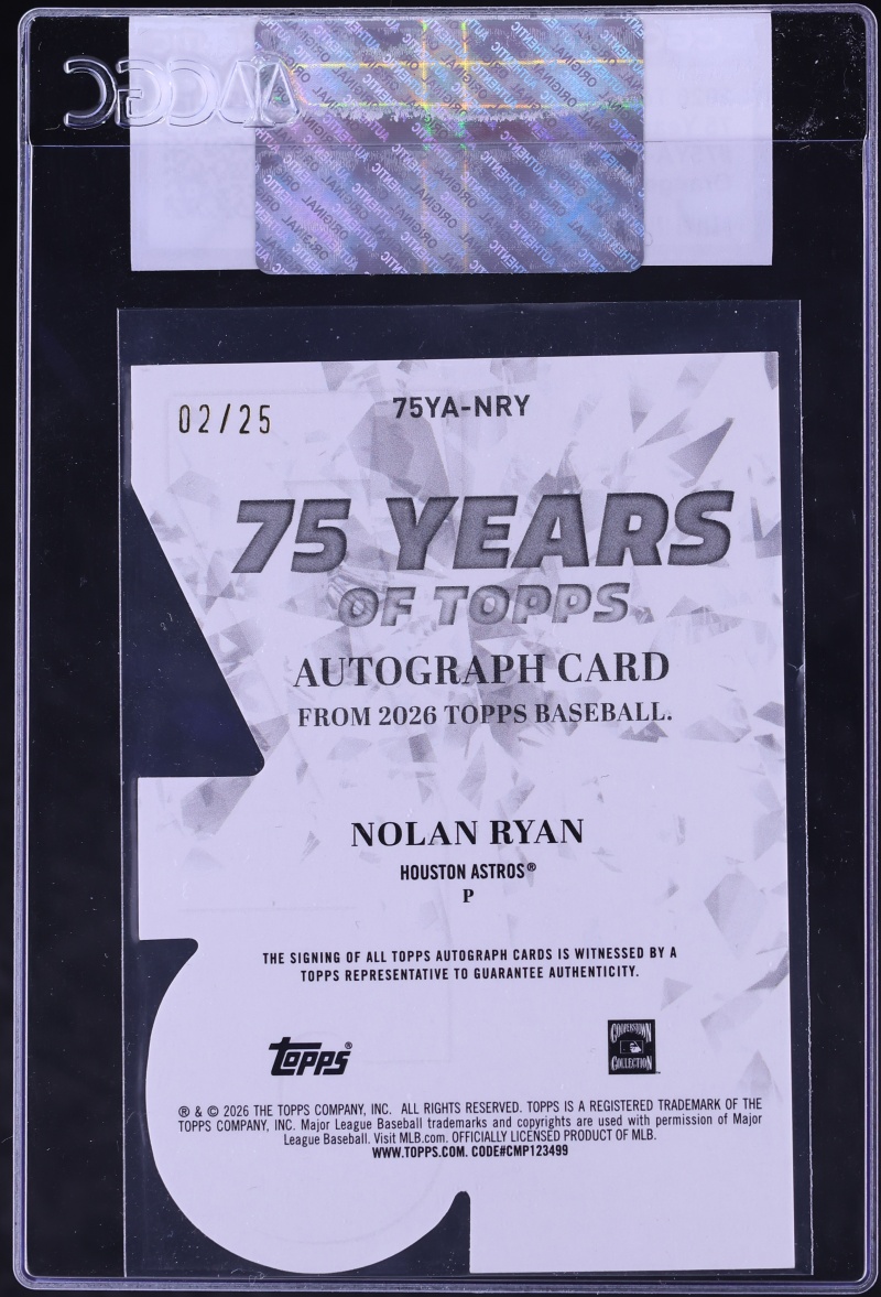 2026 Topps 75 Years Of Topps Orange Foil Die-Cut Nolan Ryan AUTO /25 #75YA-NRY CGC AUTH