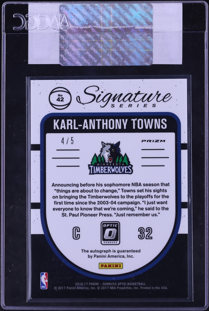2016 Donruss Optic Signature Series Green Karl-Anthony Towns AUTO /5 #42 CGC AUTH