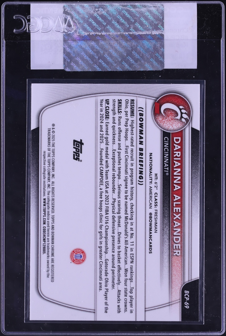 2025 Bowman Chrome Prospects Reptilian Refractor Darianna Alexander ROOKIE #BCP-69 CGC AUTH