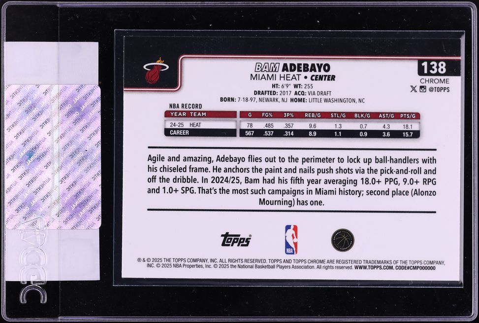 2025 Topps Chrome Red White & Blue Refractor Bam Adebayo #138 CGC AUTH