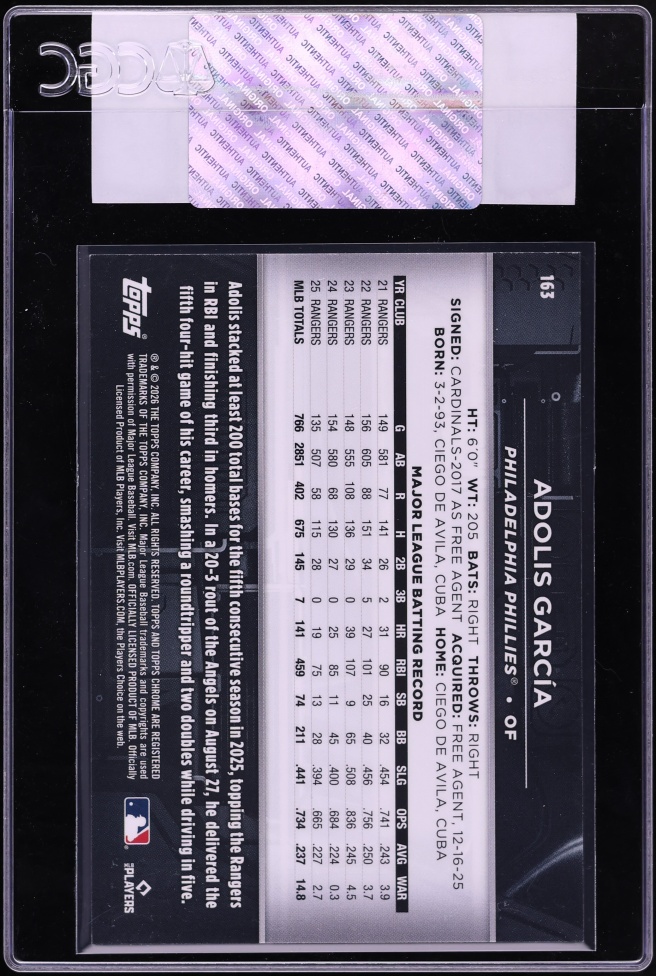 2026 Topps Chrome Black Gold Wave Refractor Adolis Garcia #163 CGC AUTH