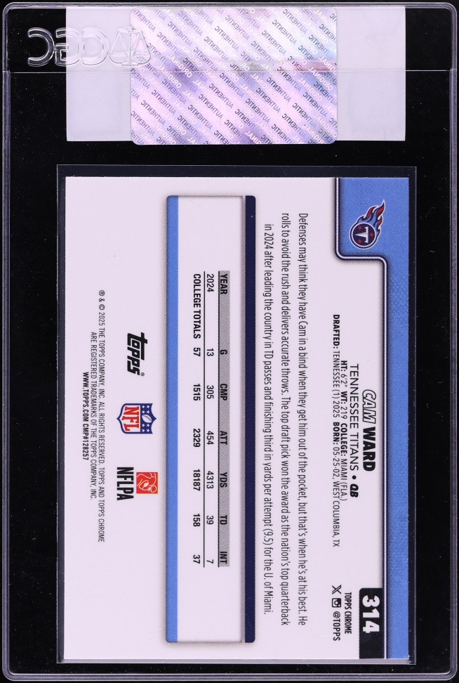 2025 Topps Chrome Cam Ward ROOKIE #314 CGC AUTH