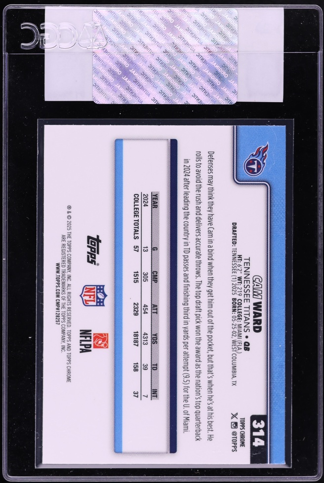 2025 Topps Chrome Cam Ward ROOKIE #314 CGC AUTH