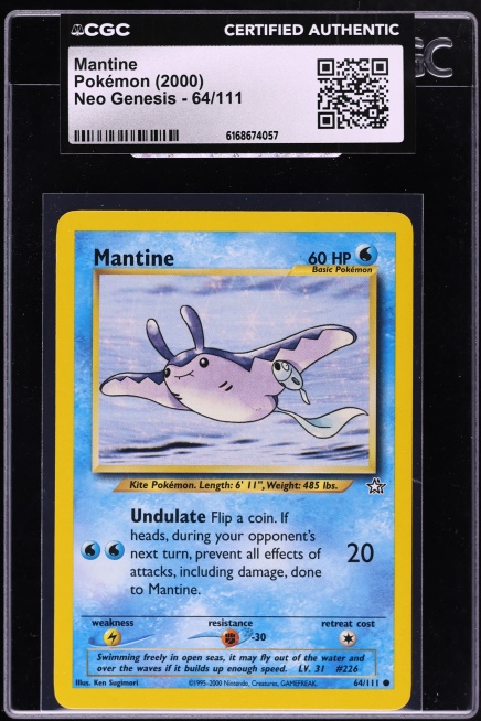 mantine pokemon card price 2000 Japanese Neo #226 CGC 10 GEM MINT on Fanatics Collect Evolves from null Type Mantine 052/202 - SWSH01 Sword