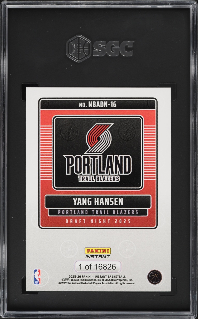 2025 Panini Instant Draft Night Yang Hansen ROOKIE #NBADN-16 SGC 9 MINT