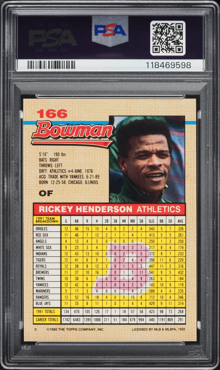 1992 Bowman Rickey Henderson #166 PSA 10 GEM MINT