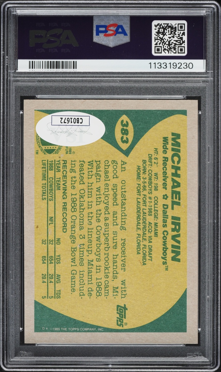 1989 Topps Football Michael Irvin ROOKIE AUTO DNA 10 #383 PSA 7 NRMT