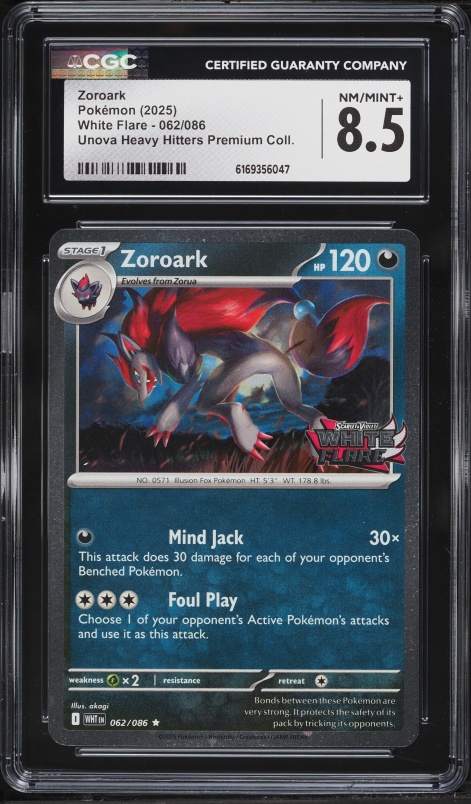 2025 Pokemon SV White Flare Unova Heavy Hitters Premium Collection Zoroark #62 CGC 8.5 NM-MT+