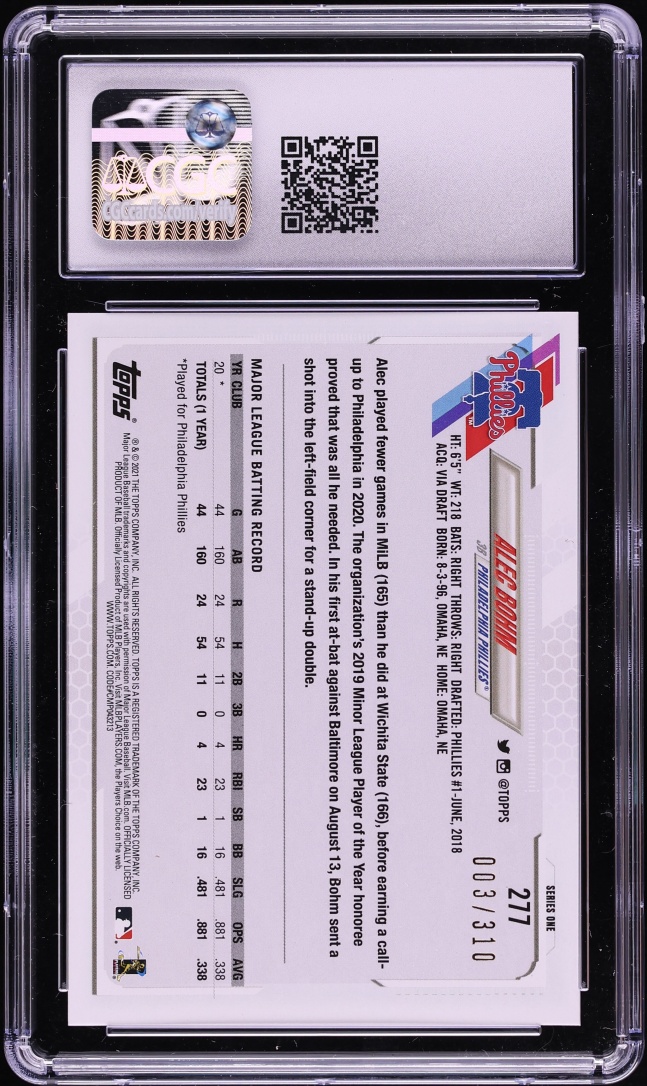 2021 Topps Complete Sets Foilboard Alec Bohm ROOKIE /310 #277 CGC 9 MINT