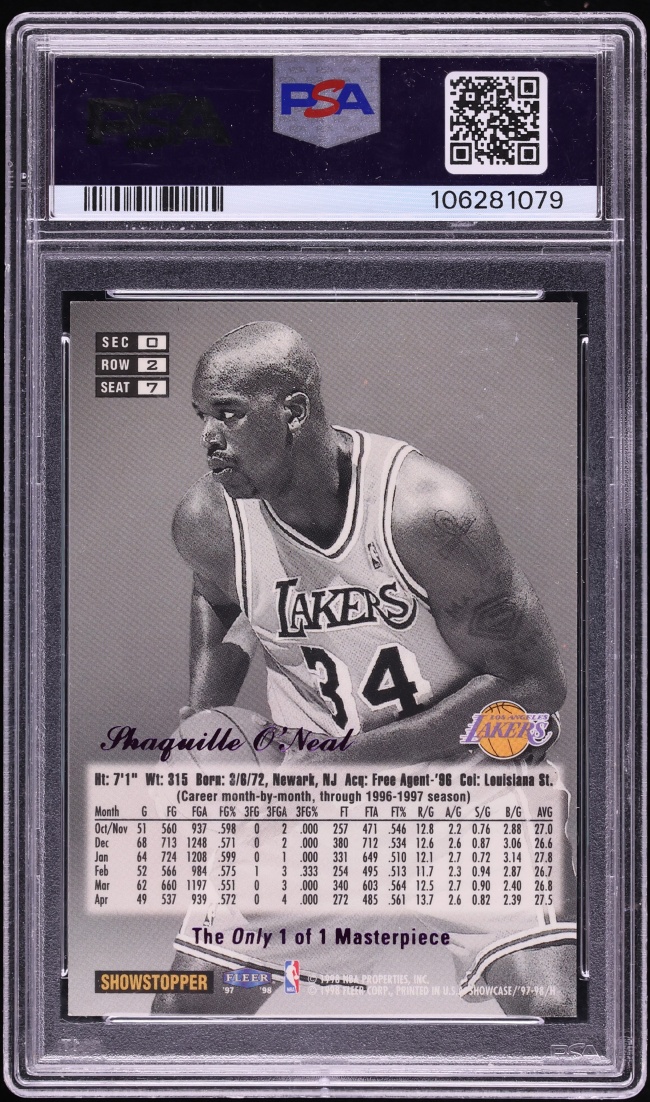 1997 Flair Showcase Legacy Collection Row 2 Masterpiece Shaquille O'Neal 1/1 #7 PSA 7 NRMT
