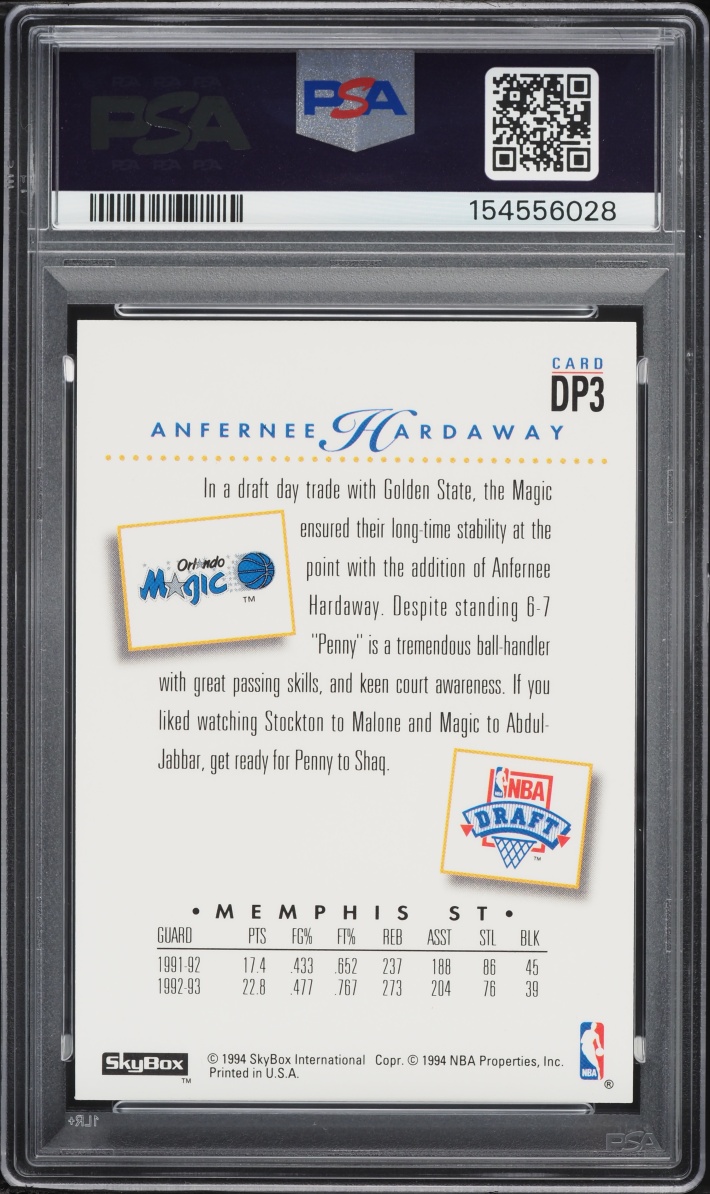 1993 Skybox Premium Draft Picks Anfernee Hardaway ROOKIE #DP3 PSA 8 NM-MT