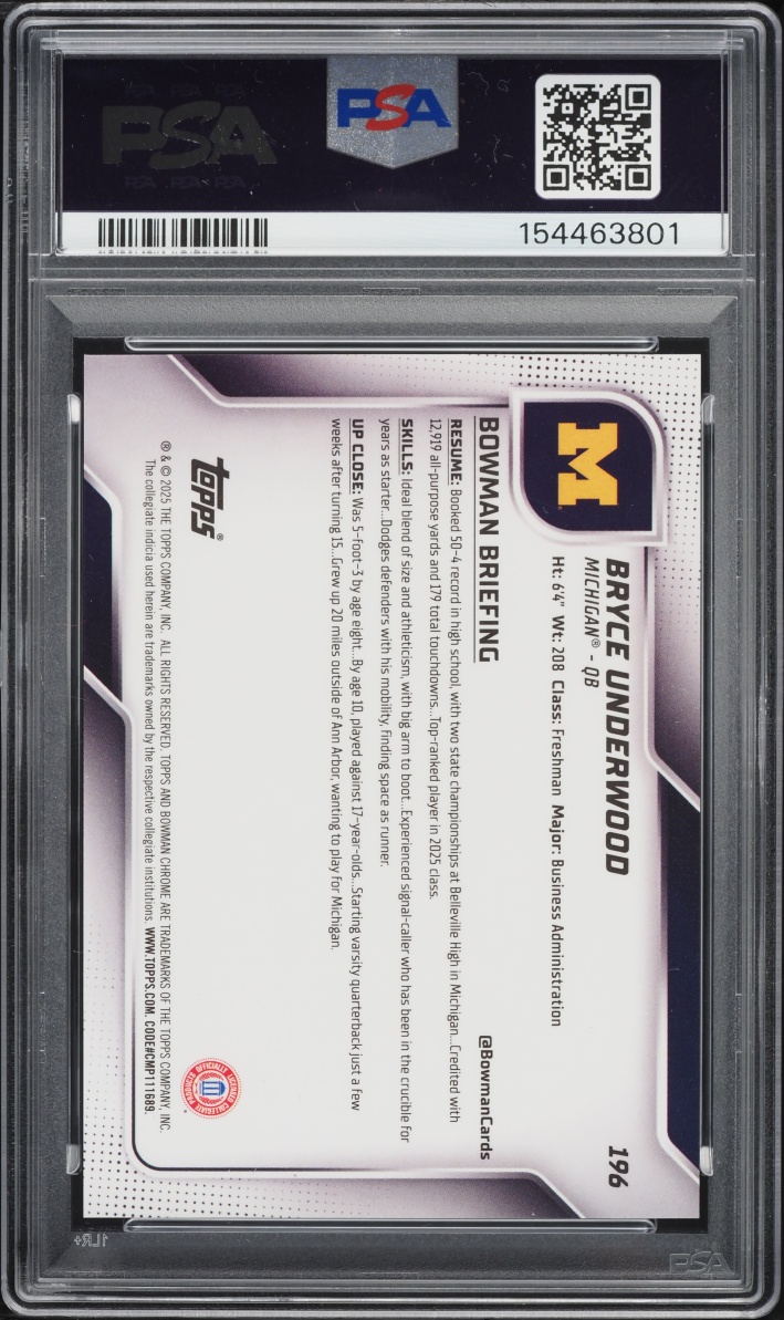 2025 Bowman Chrome University Sapphire Black Refractor Bryce Underwood /10 #196 PSA 9 MINT
