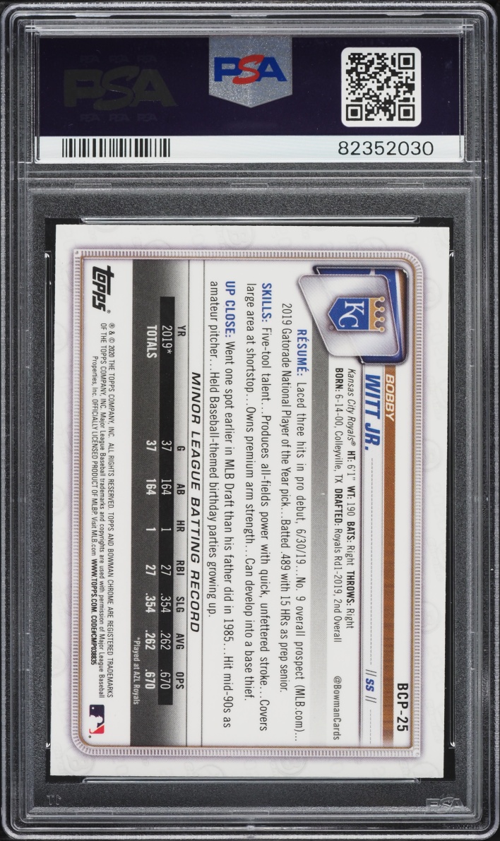 2020 Bowman Chrome Mega Box Bobby Witt Jr. PROSPECT #BCP-25 PSA 10 GEM MINT