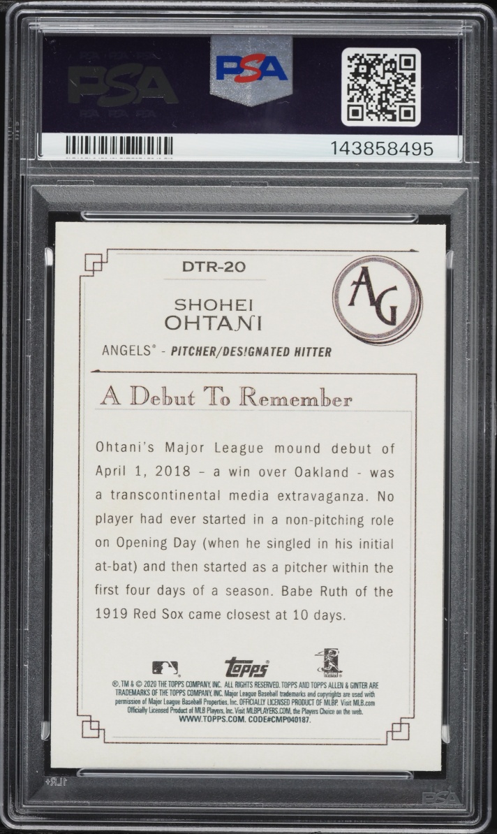 2020 Topps Allen & Ginter A Debut To Remember Shohei Ohtani #DTR20 PSA 10 GEM MINT