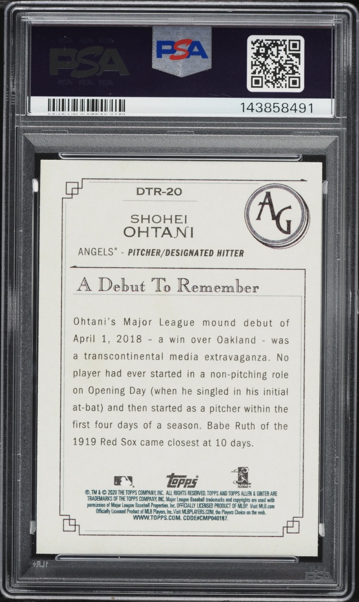 2020 Topps Allen & Ginter A Debut To Remember Shohei Ohtani #DTR20 PSA 10 GEM MINT