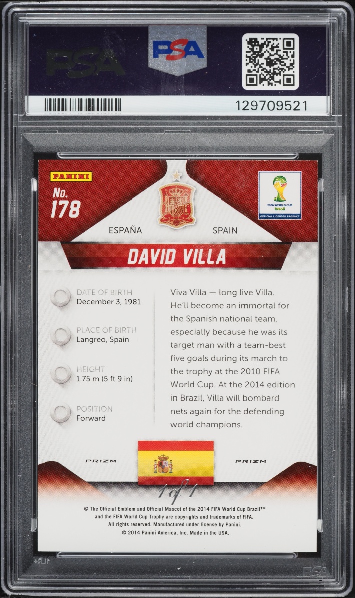 2014 Panini Prizm World Cup El Samba David Villa 1/1 #178 PSA 9 MINT