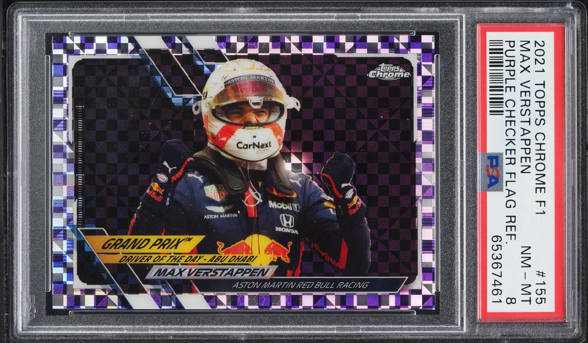 2021 Topps Chrome Formula 1 Purple Checker Flag Ref. Max Verstappen /199 #155 PSA 8 NM-MT