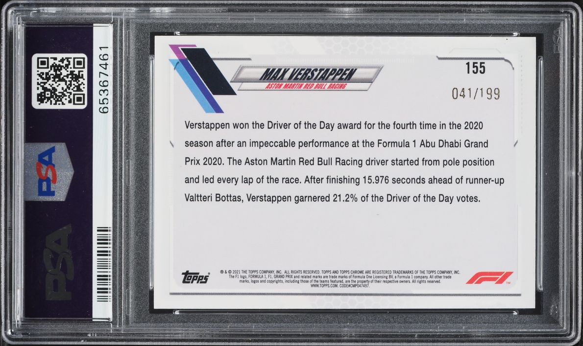 2021 Topps Chrome Formula 1 Purple Checker Flag Ref. Max Verstappen /199 #155 PSA 8 NM-MT