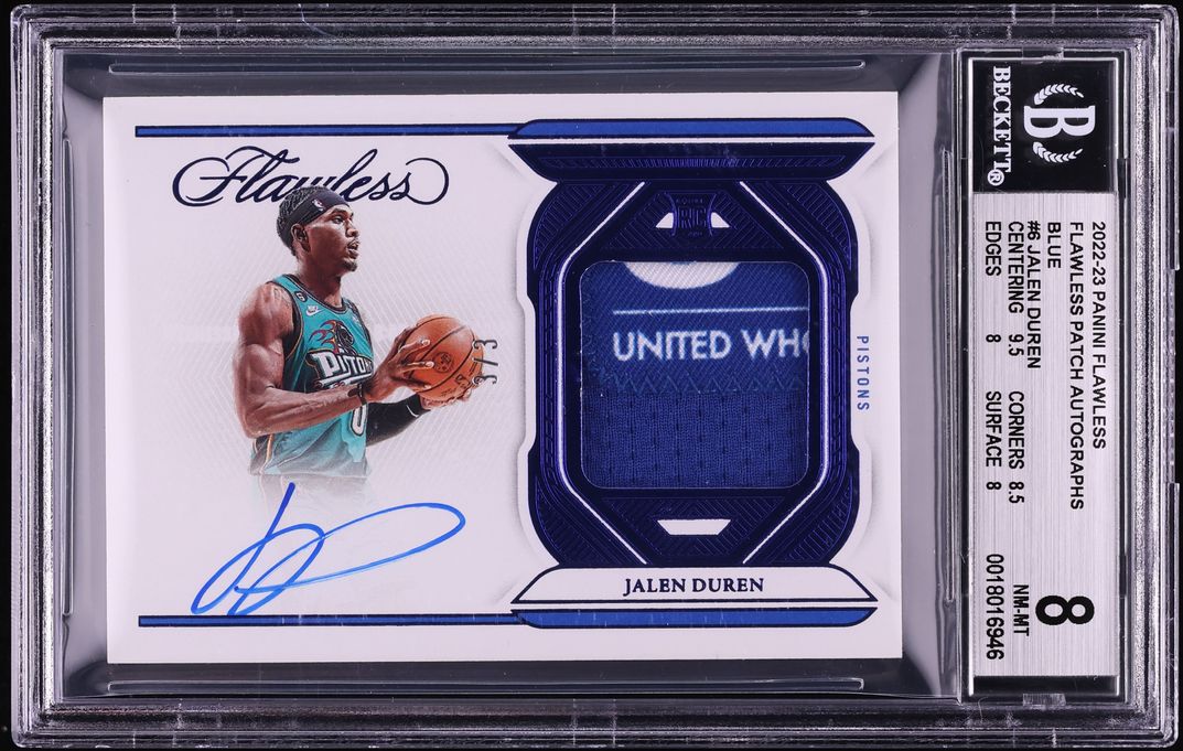2022 Panini Flawless Blue Jalen Duren ROOKIE PATCH AUTO 3/3 #6 BGS 8 NM-MT