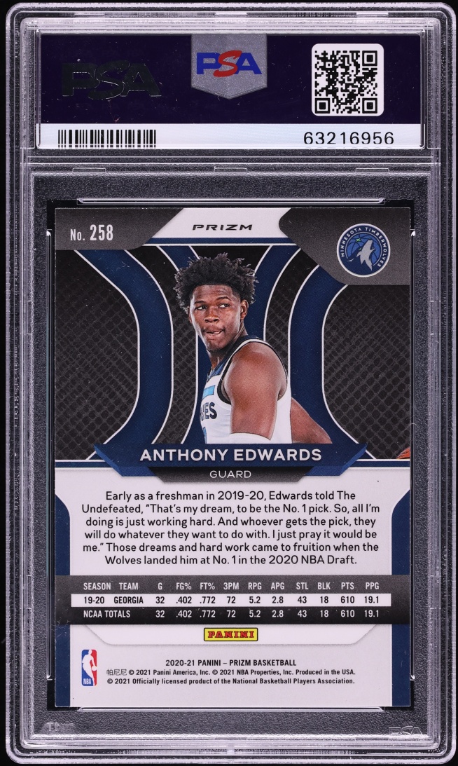 2020 Panini Prizm Red Ice Anthony Edwards ROOKIE #258 PSA 10 GEM MINT