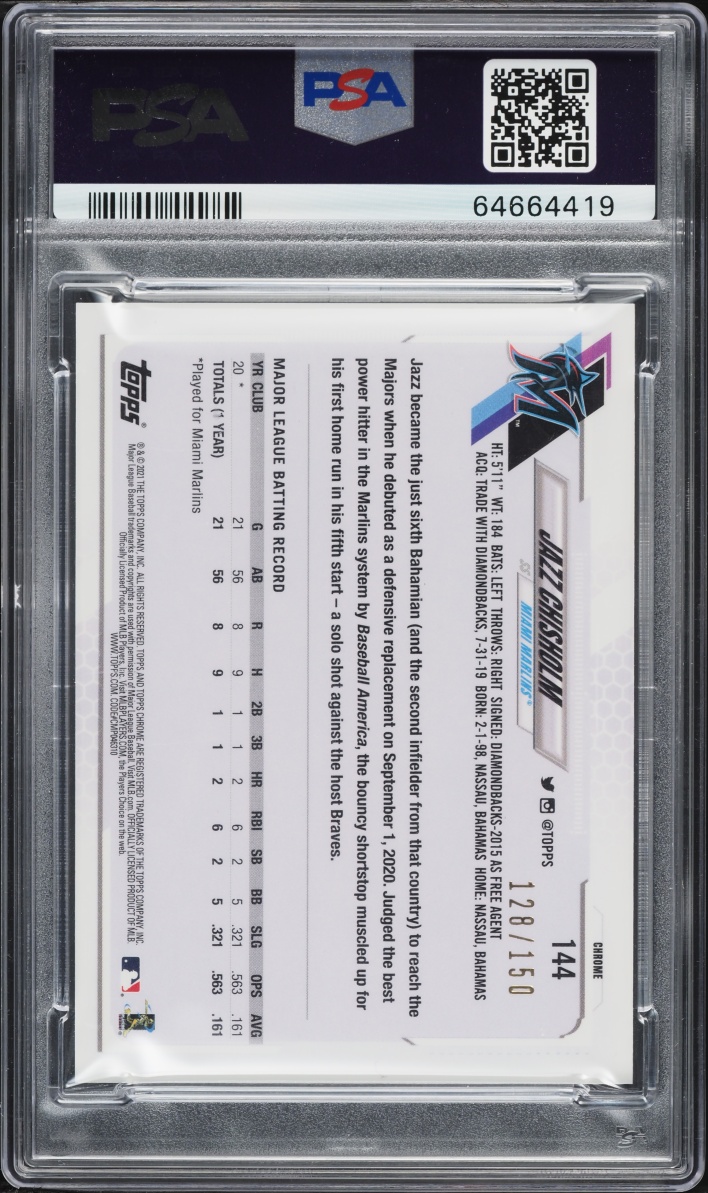 2021 Topps Chrome Blue Refractor Jazz Chisholm ROOKIE /150 #144 PSA 10 GEM MINT