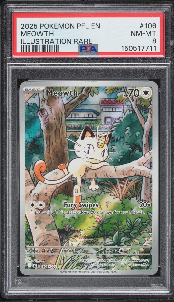 2025 Pokemon Mega Evolution Phantasmal Flames IR Meowth #106 PSA 8 NM-MT
