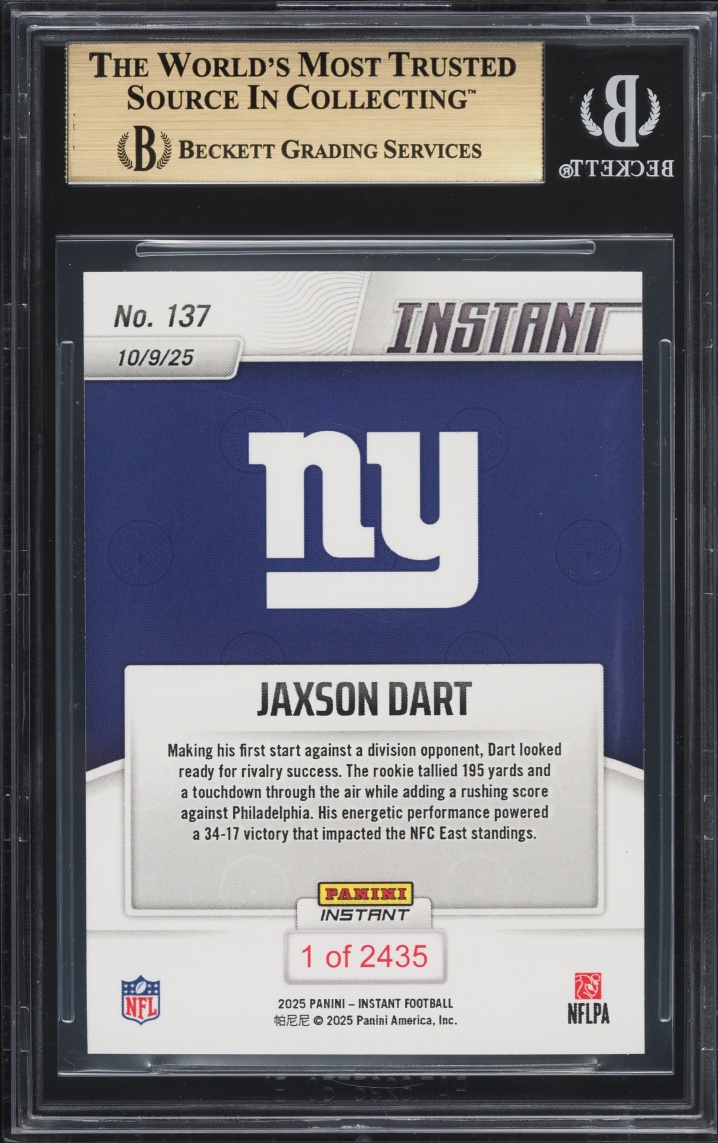 2025 Panini Instant Jaxson Dart ROOKIE /2435 #137 BGS 9.5 GEM MINT
