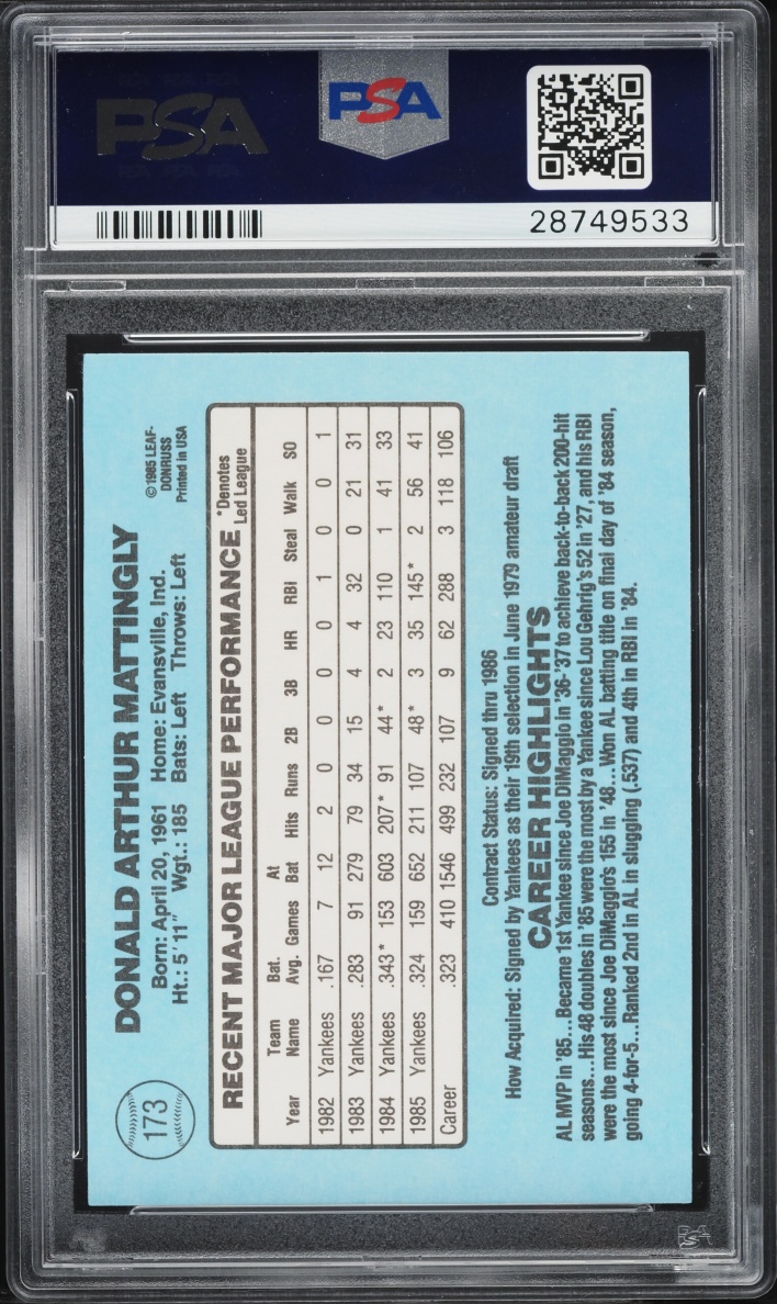 1986 Donruss Don Mattingly #173 PSA 9 MINT