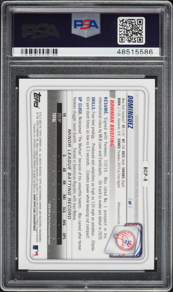2020 Bowman Chrome Jasson Dominguez PROSPECT #BCP-8 PSA 10 GEM MINT