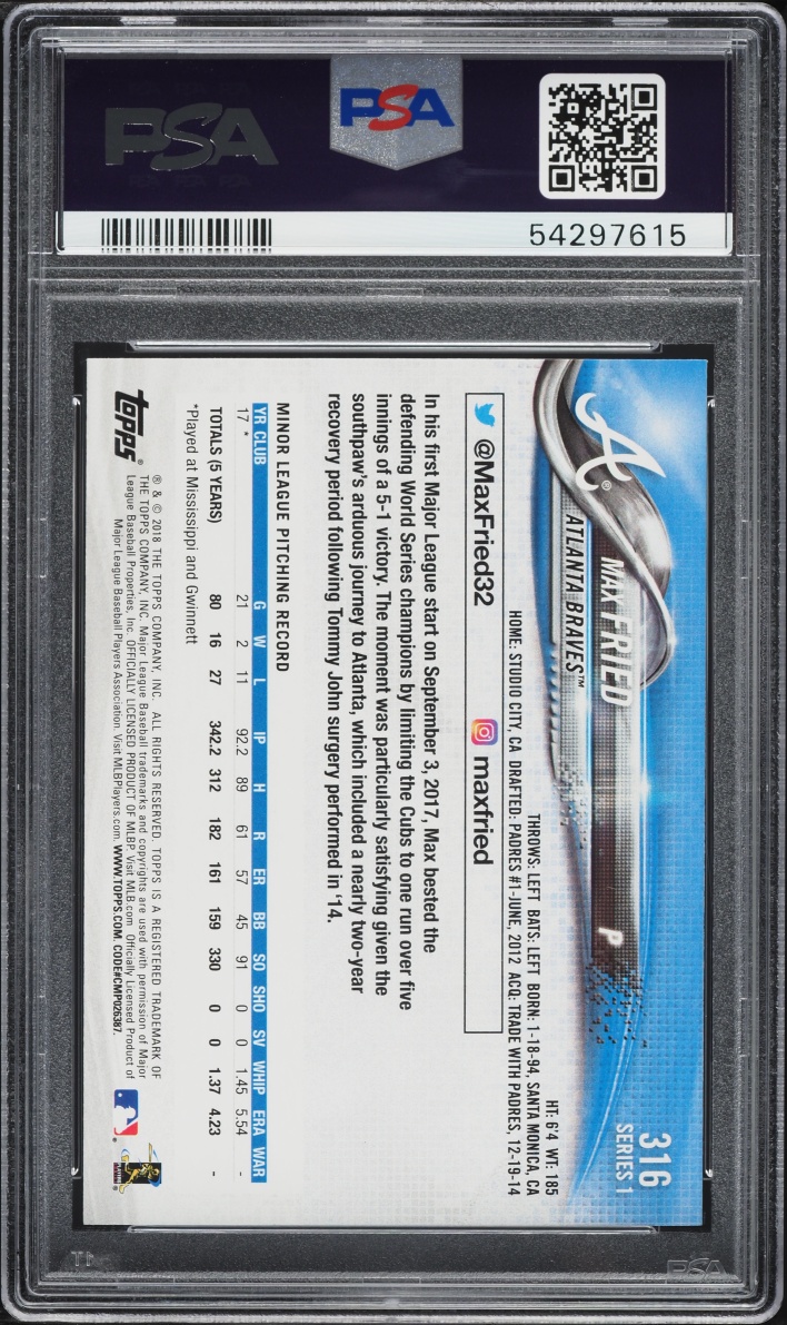 2018 Topps Max Fried ROOKIE #316 PSA 9 MINT