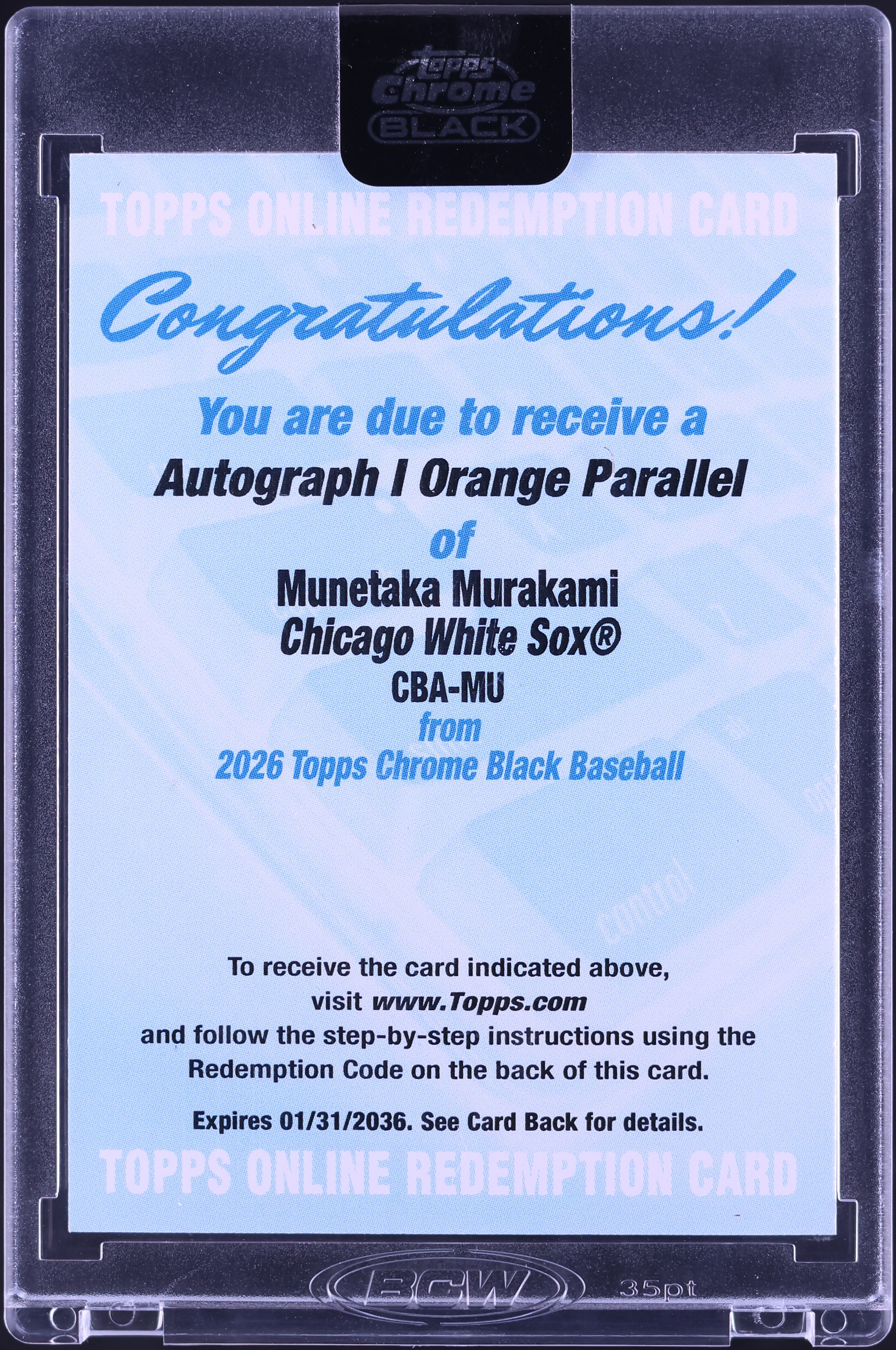 2026 Topps Chrome Black Redemption Card Orange Refractor Munetaka