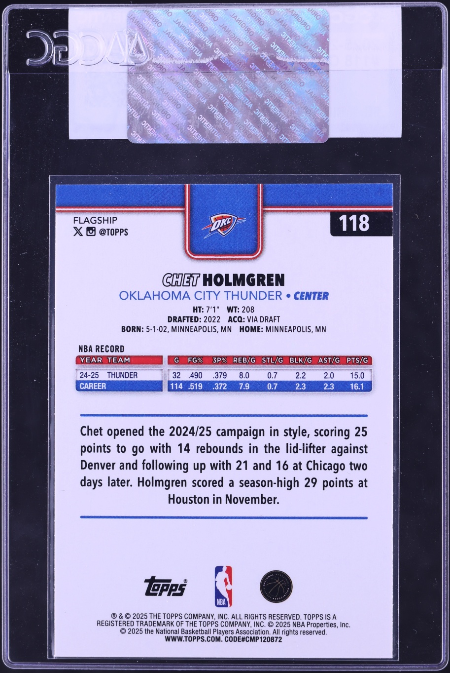 2025 Topps Basketball Chet Holmgren #118 CGC AUTH
