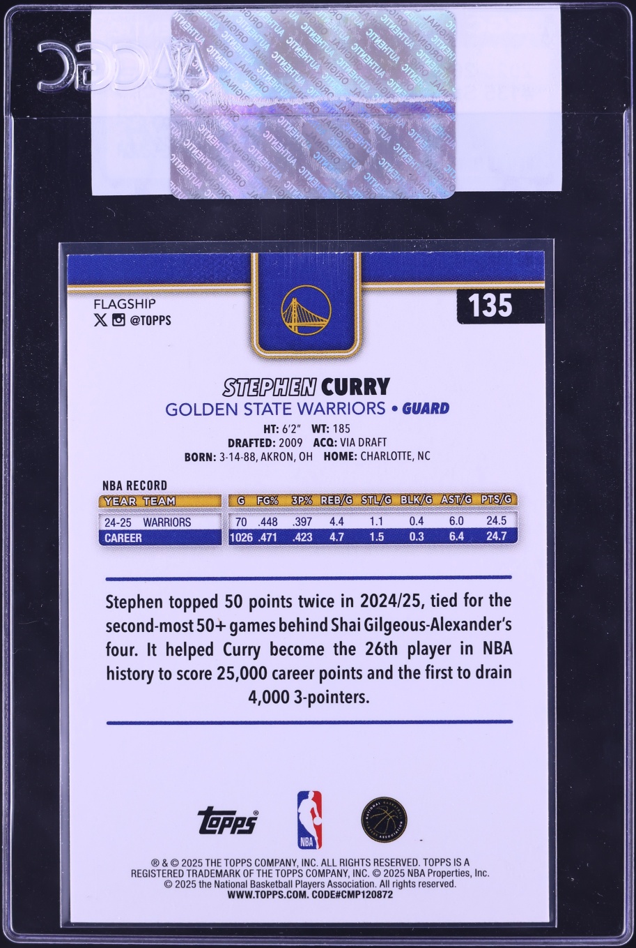 2025 Topps Basketball Stephen Curry #135 CGC AUTH