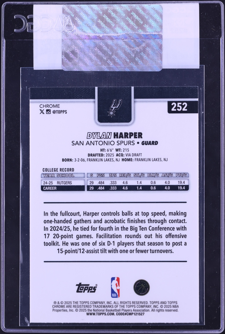 2025 Topps Chrome Dylan Harper ROOKIE #252 CGC AUTH