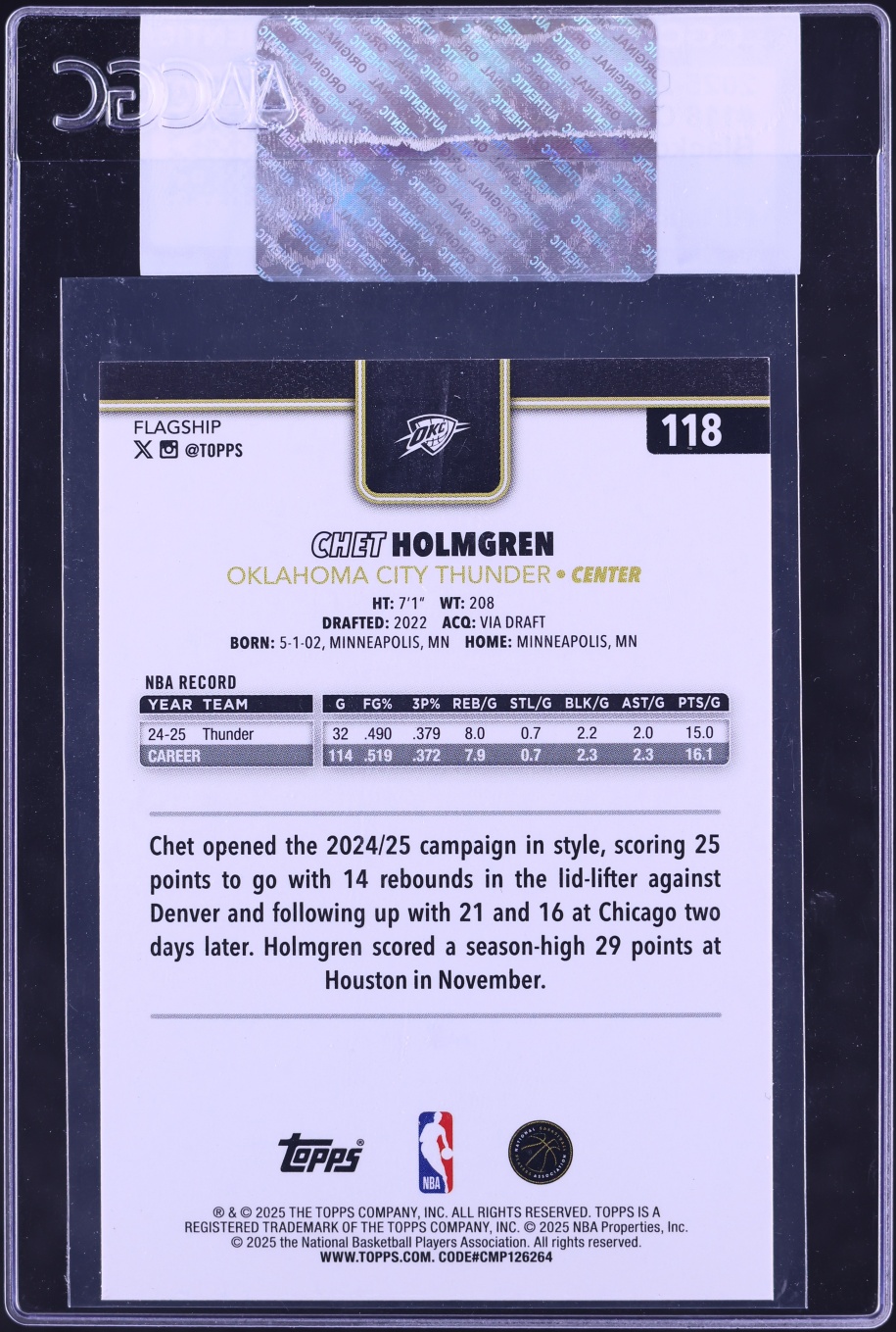 2025 Topps Blackout Chet Holmgren #118 CGC AUTH