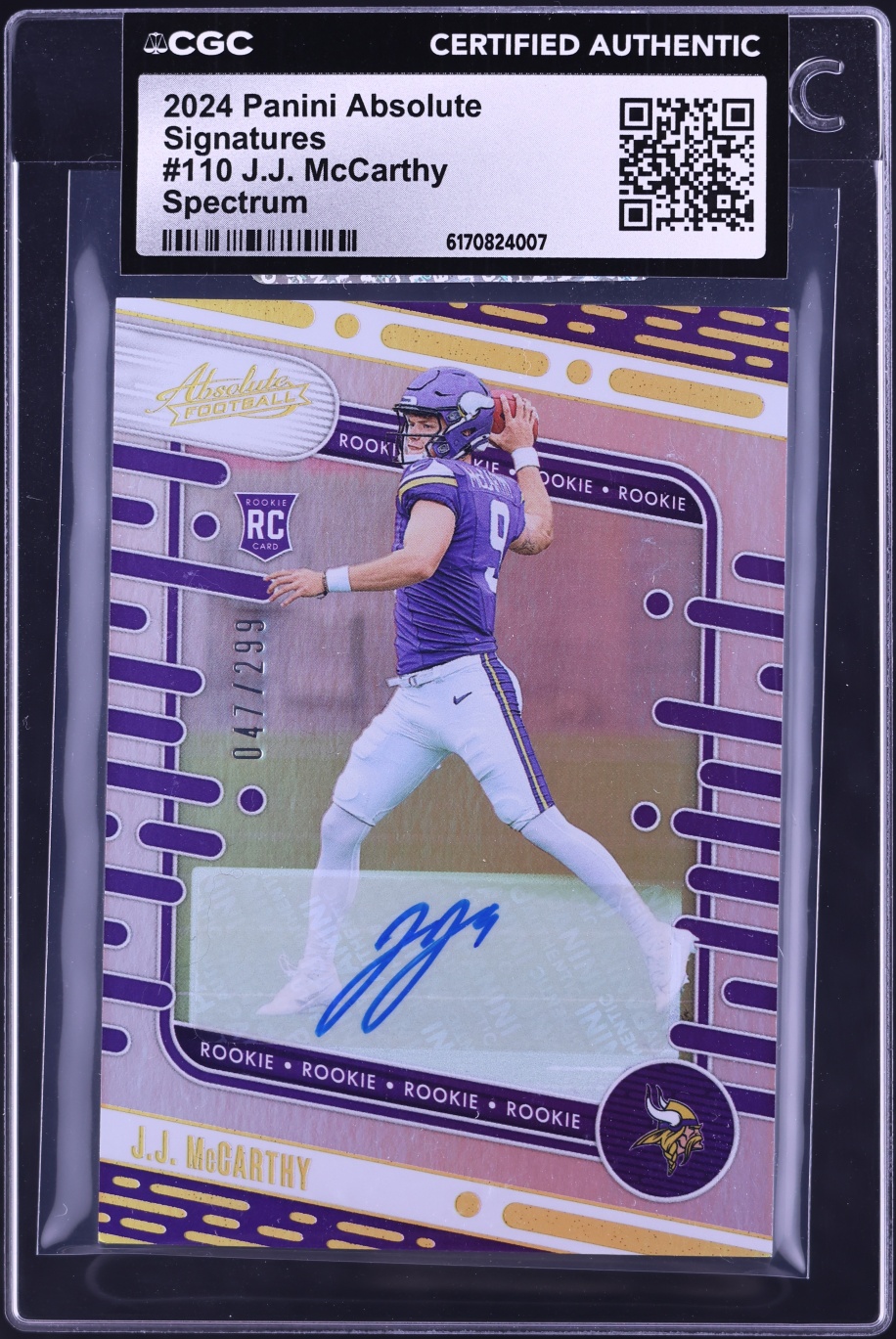 2024 Absolute Spectrum J.J. McCarthy ROOKIE AUTO /299 #110 CGC AUTH