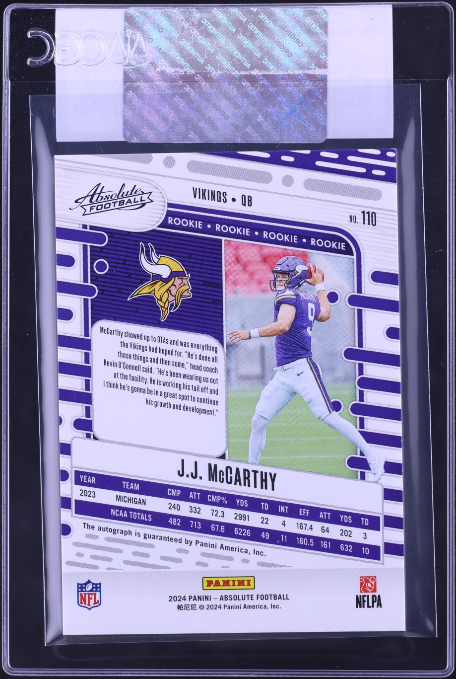 2024 Absolute Spectrum J.J. McCarthy ROOKIE AUTO /299 #110 CGC AUTH