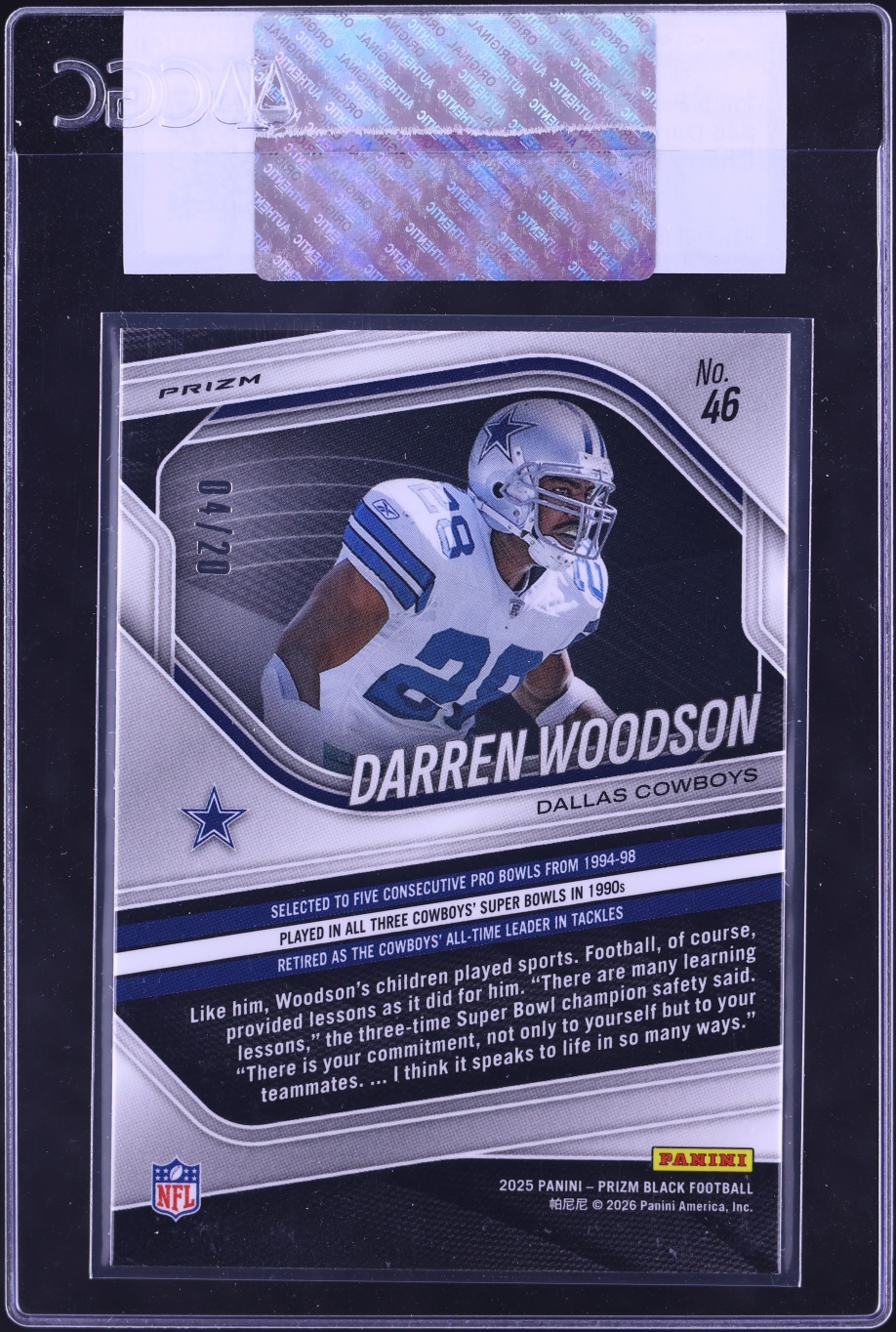 2025 Panini Prizm Black Cherry Blossom Darren Woodson /20 #46 CGC AUTH