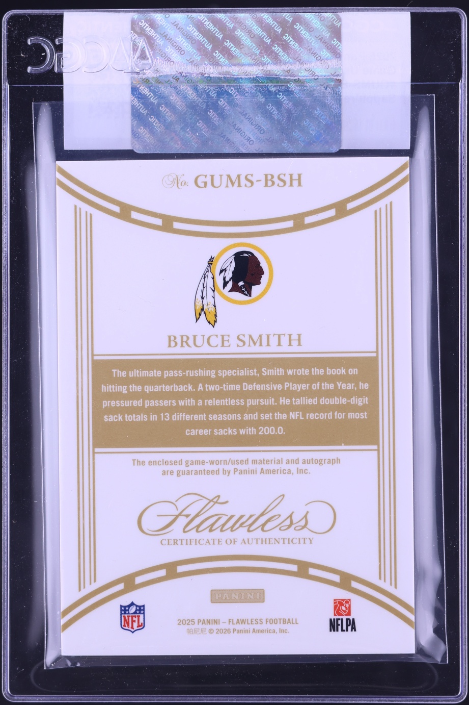 2025 Panini Flawless Game Used Signatures Sapphire Bruce Smith PATCH AUTO /15 #GUMS-BSHCGC AUTH