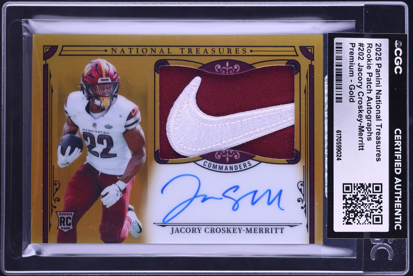 2025 National Treasures Premium Gold Jacory Croskey-Merritt ROOKIE PATCH AUTO /10 #202 CGC AUTH