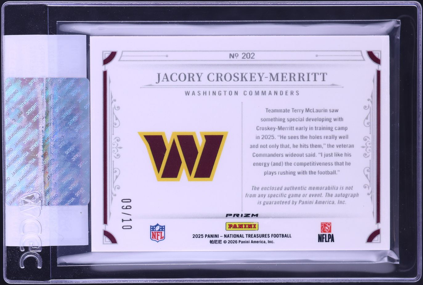 2025 National Treasures Premium Gold Jacory Croskey-Merritt ROOKIE PATCH AUTO /10 #202 CGC AUTH