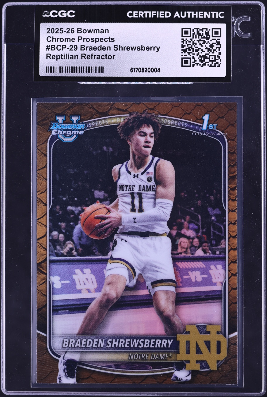 2025 Bowman Chrome University Prospect Reptilian Refractor Braeden Shrewsberry #BCP-29 CGC AUTH