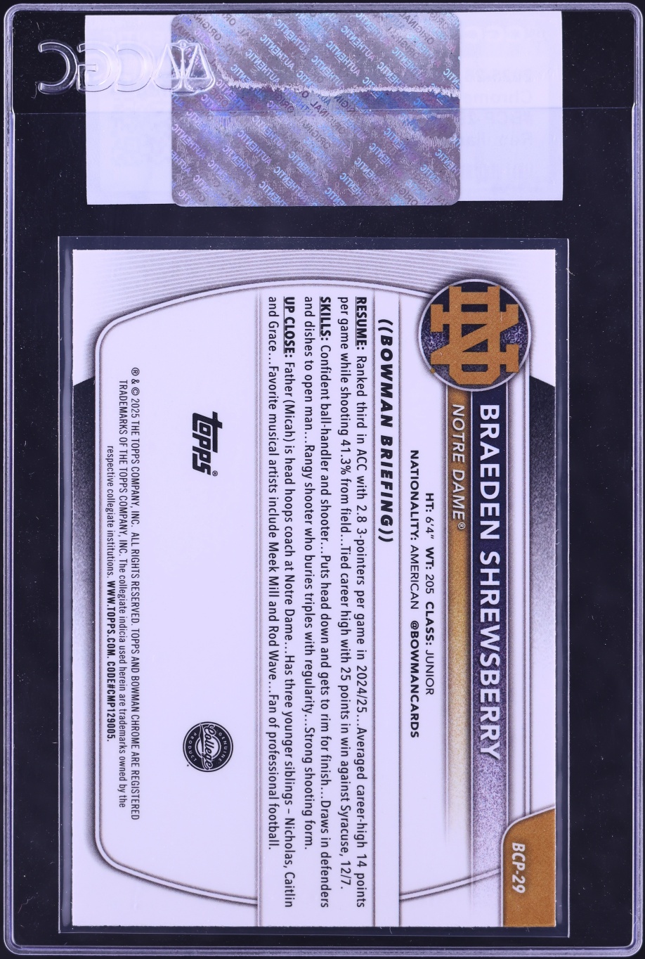 2025 Bowman Chrome University Prospect Reptilian Refractor Braeden Shrewsberry #BCP-29 CGC AUTH